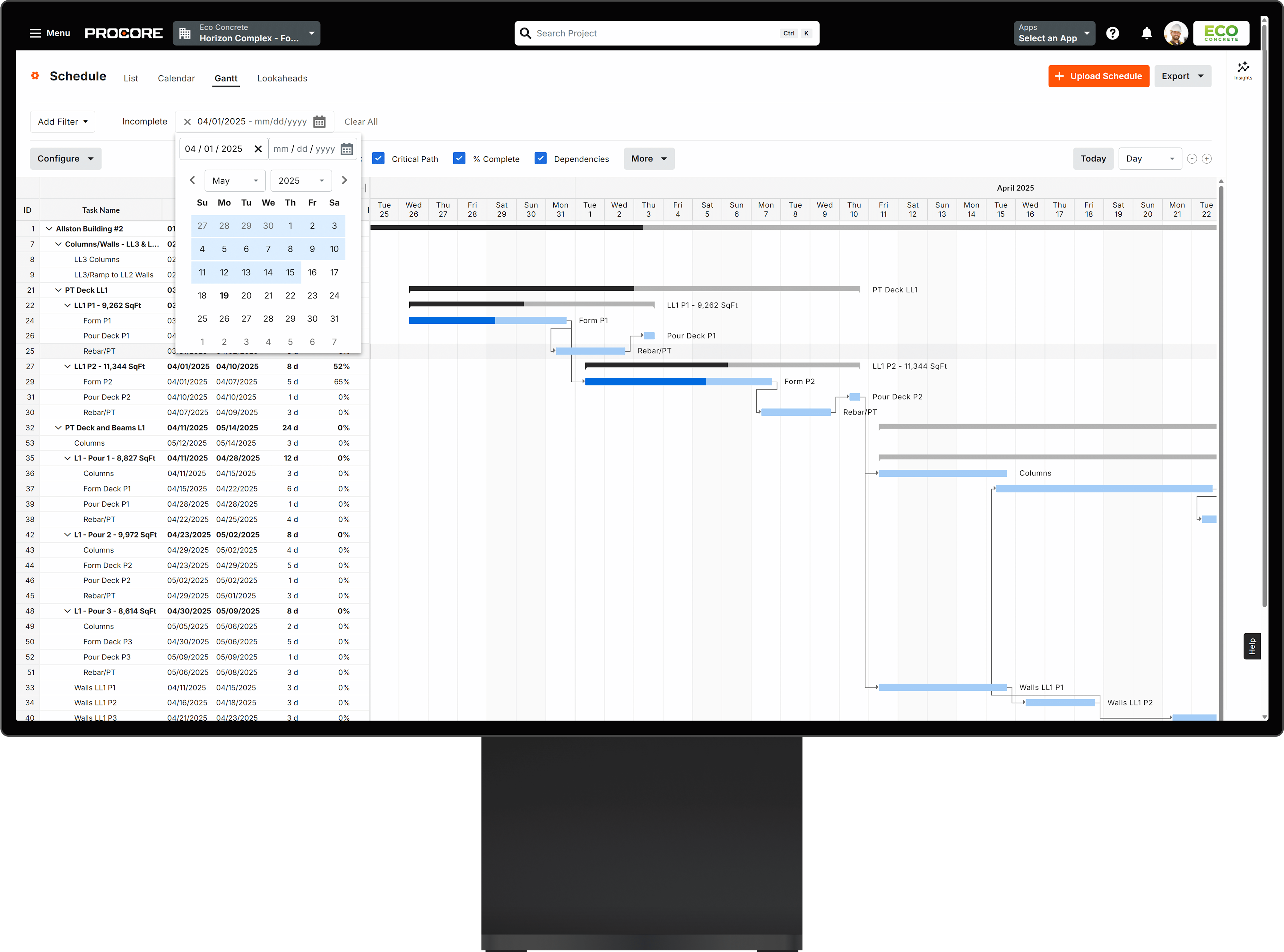 Procore's Schedule tool on a desktop