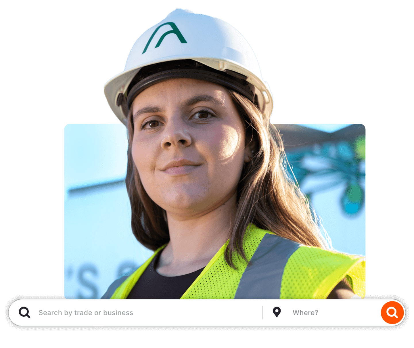 Woman construction worker with an overlap of Procore Network's search engine