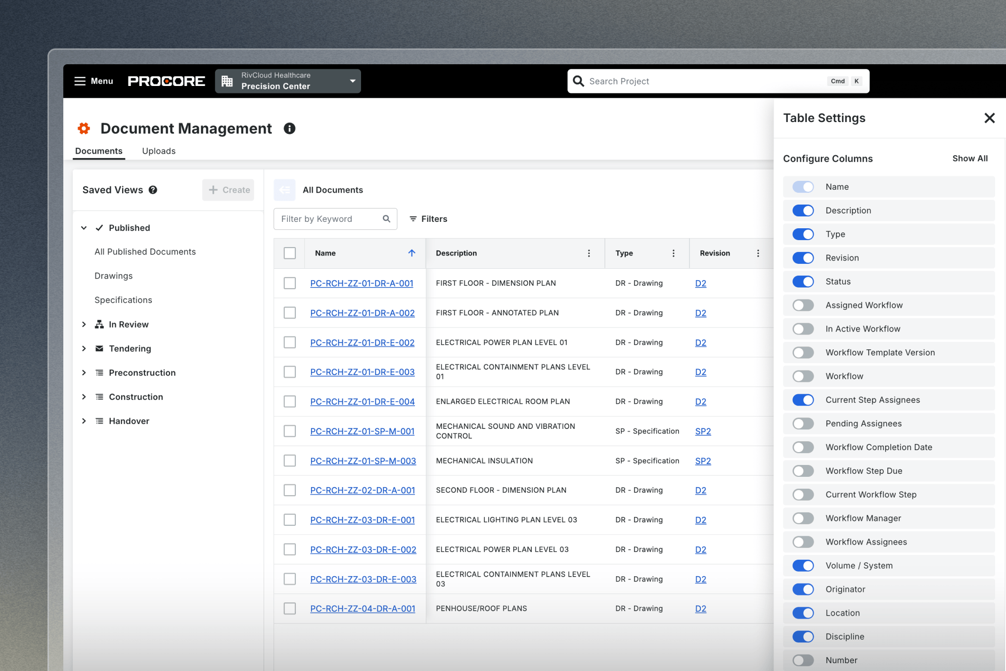 PROCORE Document Management interface showing project documents list and table settings panel