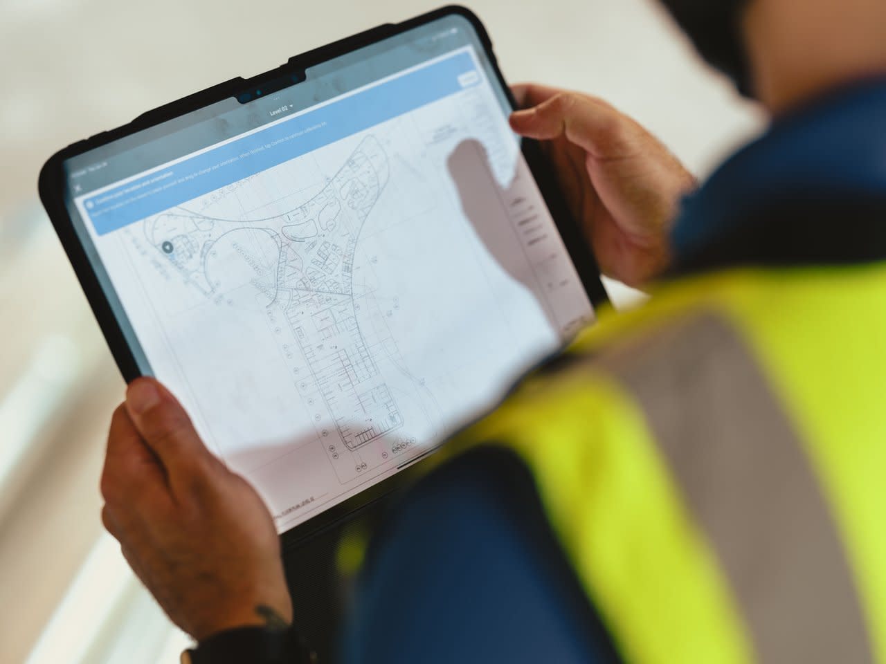 A construction worker looking at a blueprint on a tablet