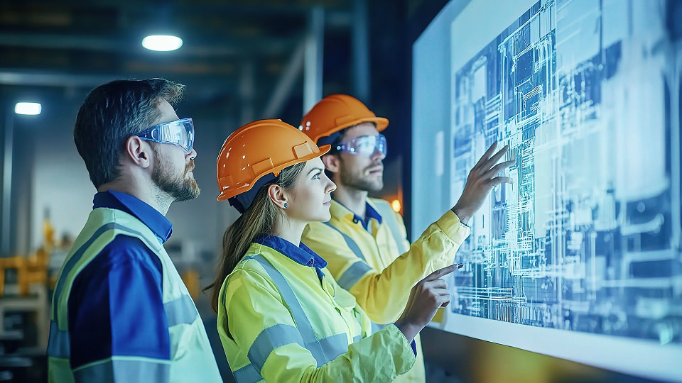 Three construction workers looking at blueprints on a screen