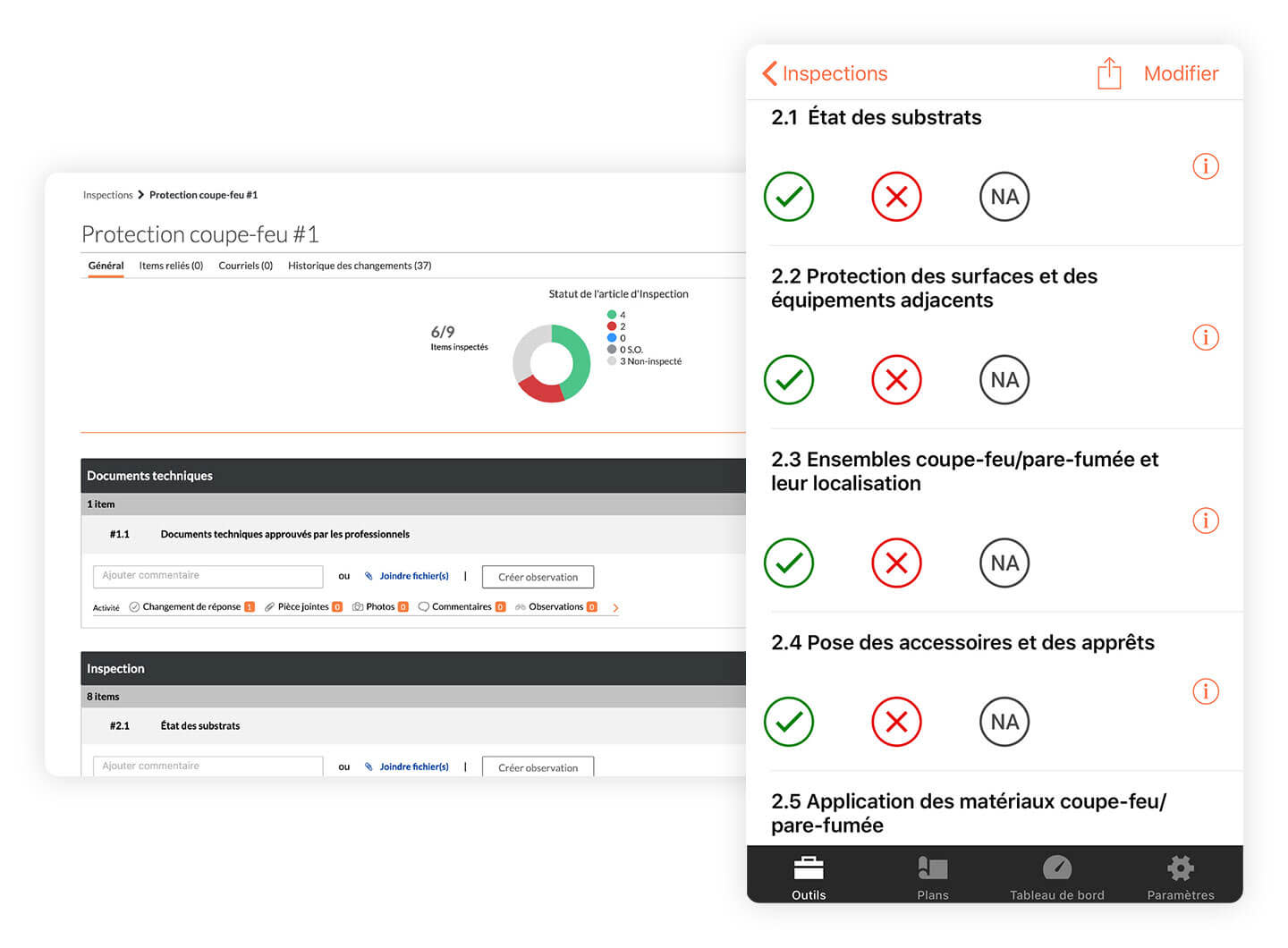 UI screenshots of safety inspections and records