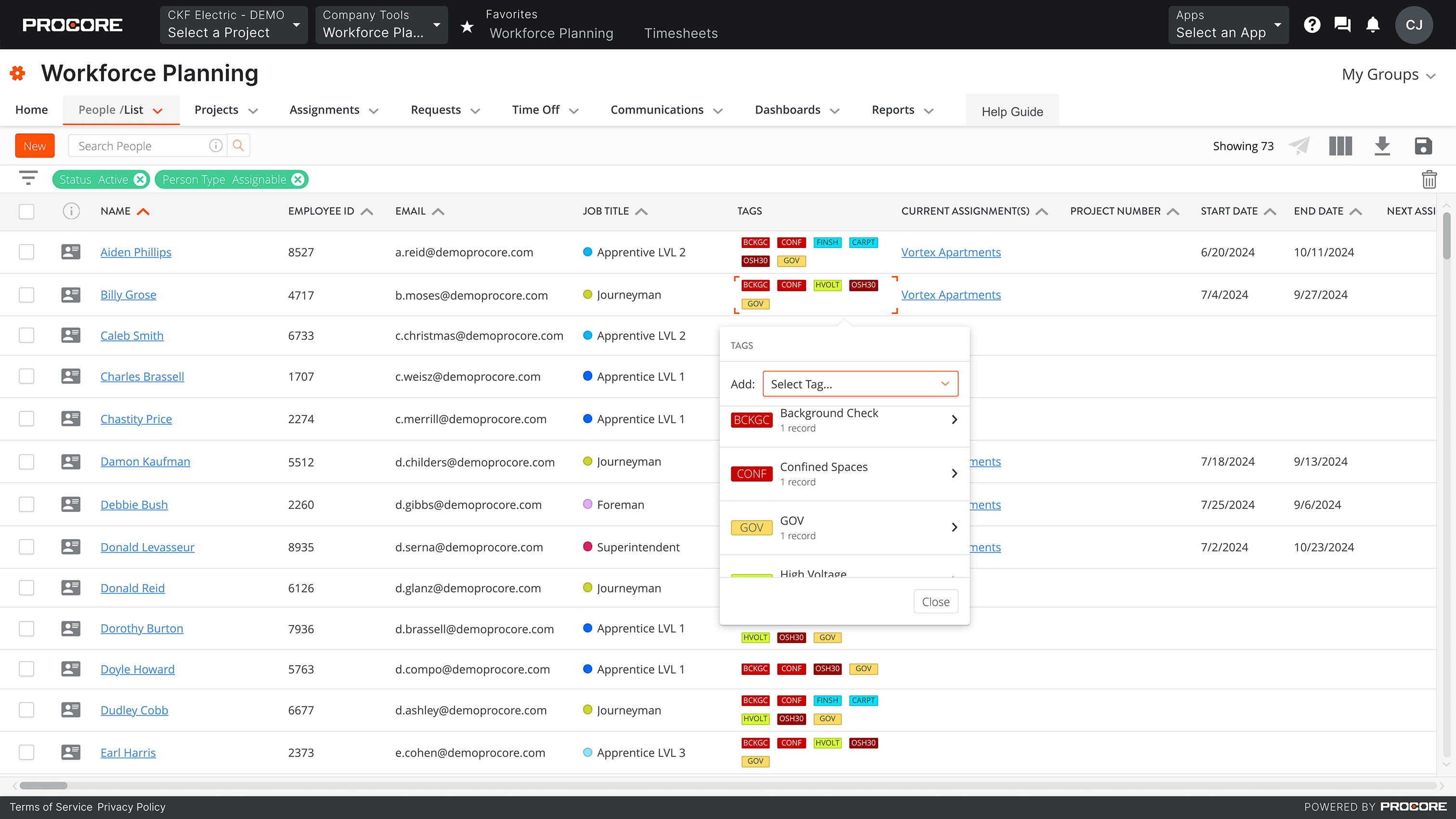 Screen capture of Procore's Workforce Planning tool