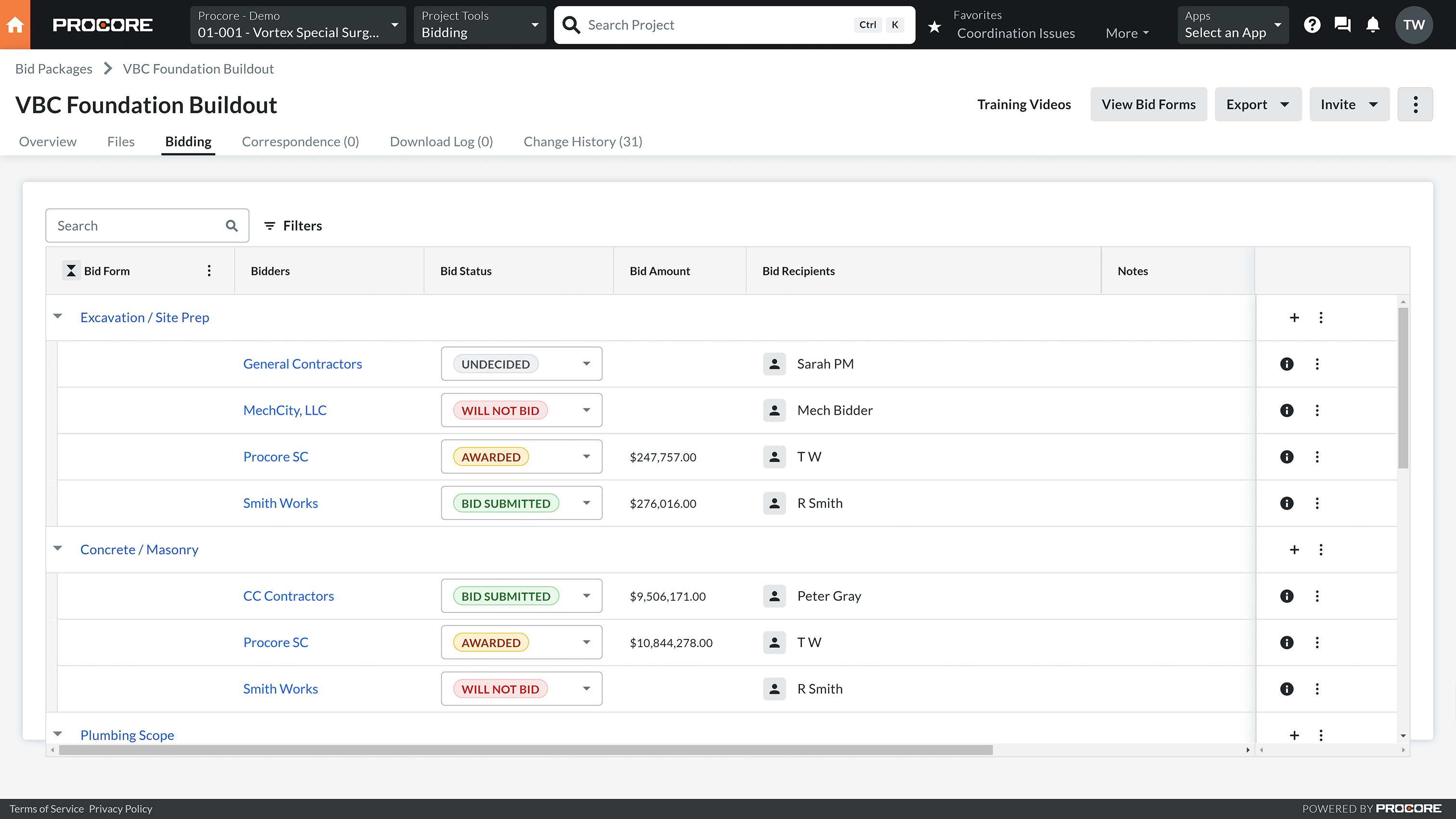 Screen of Procore's Bidding tool