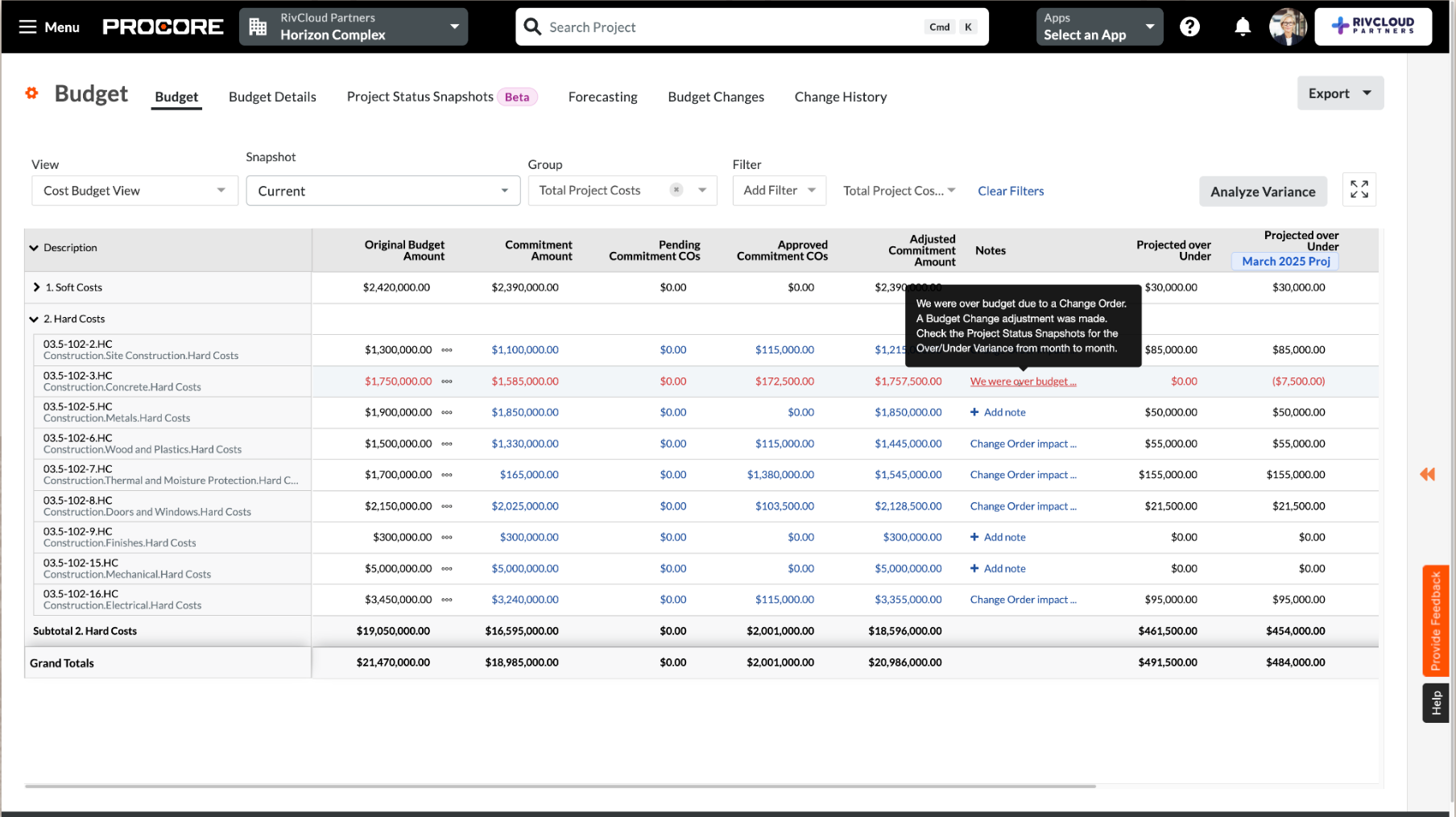 Procore's budget tool screen