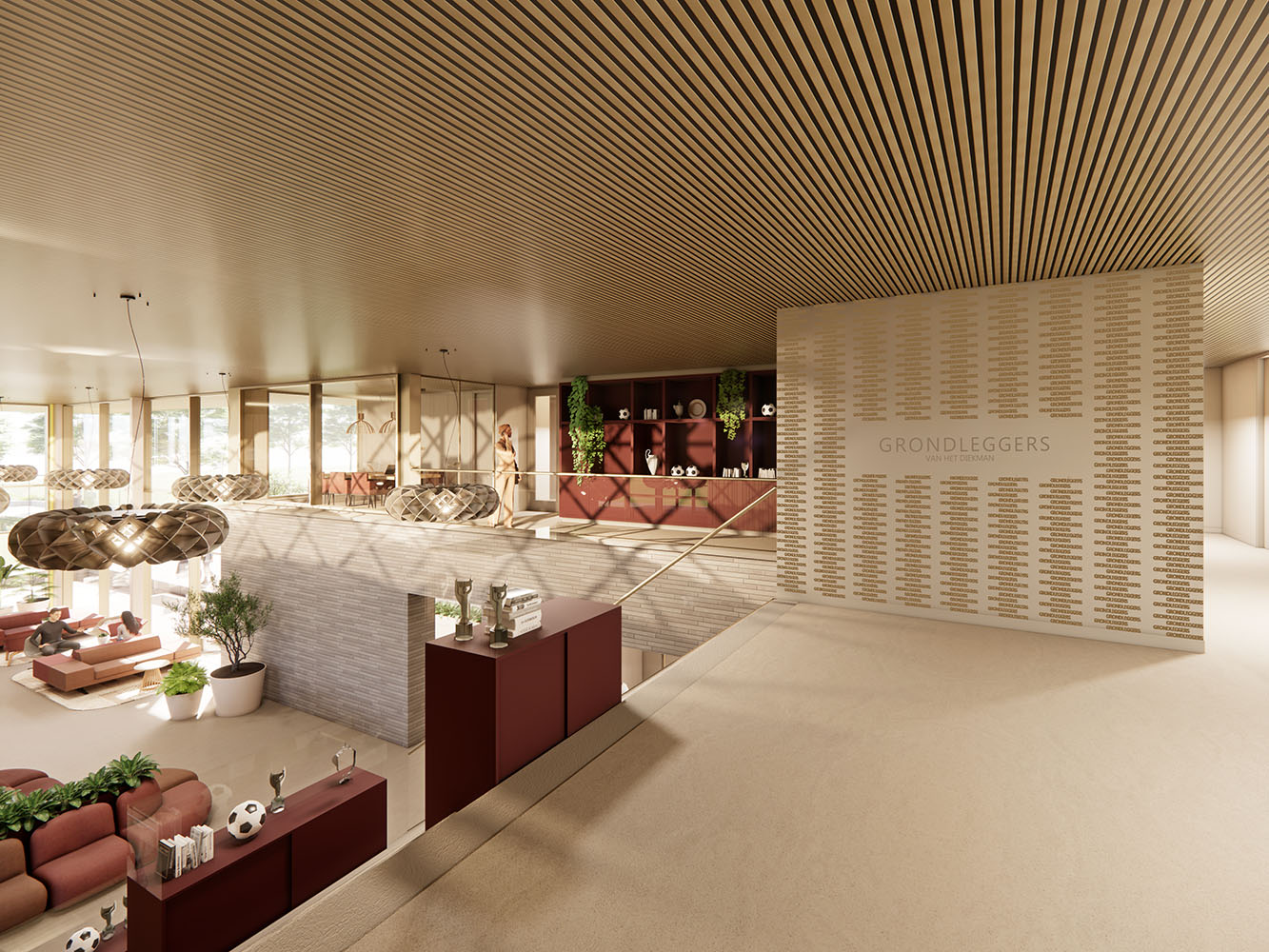 Interieurbeeld van de entreehal met grondleggermuur van het toekomstige FC Twente Topsport Complex Diekman in Enschede