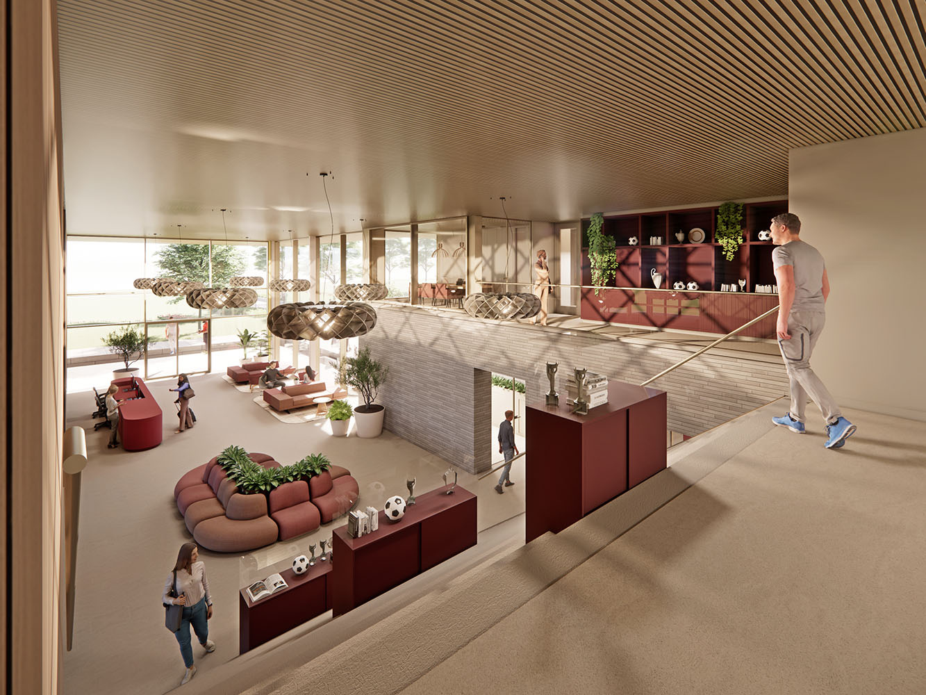 Interieur van de entreehal van het FC Twente Topsport Complex Diekman in Enschede, gezien vanaf de verdieping.