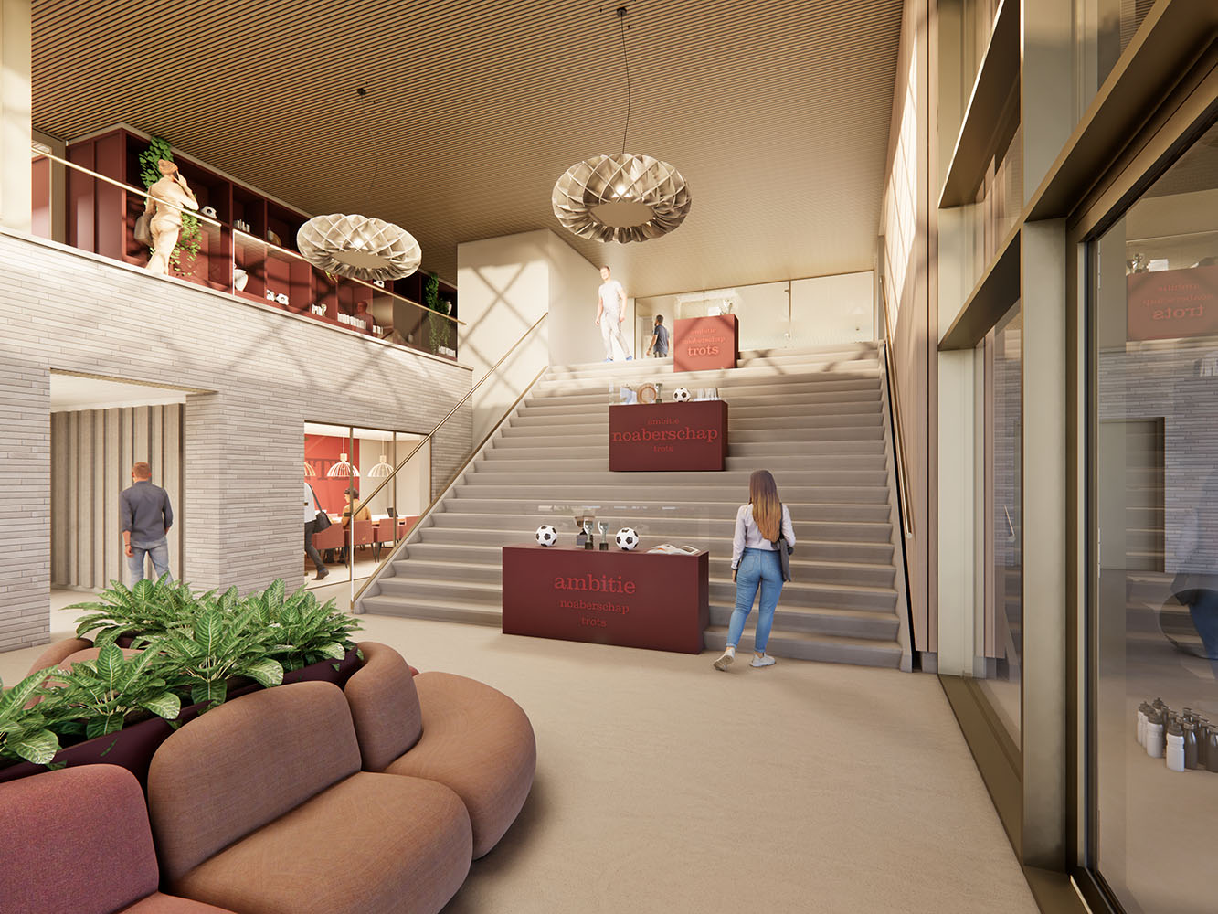 Binnenaanzicht van het FC Twente Topsport Complex Diekman met eigentijdse entreezone