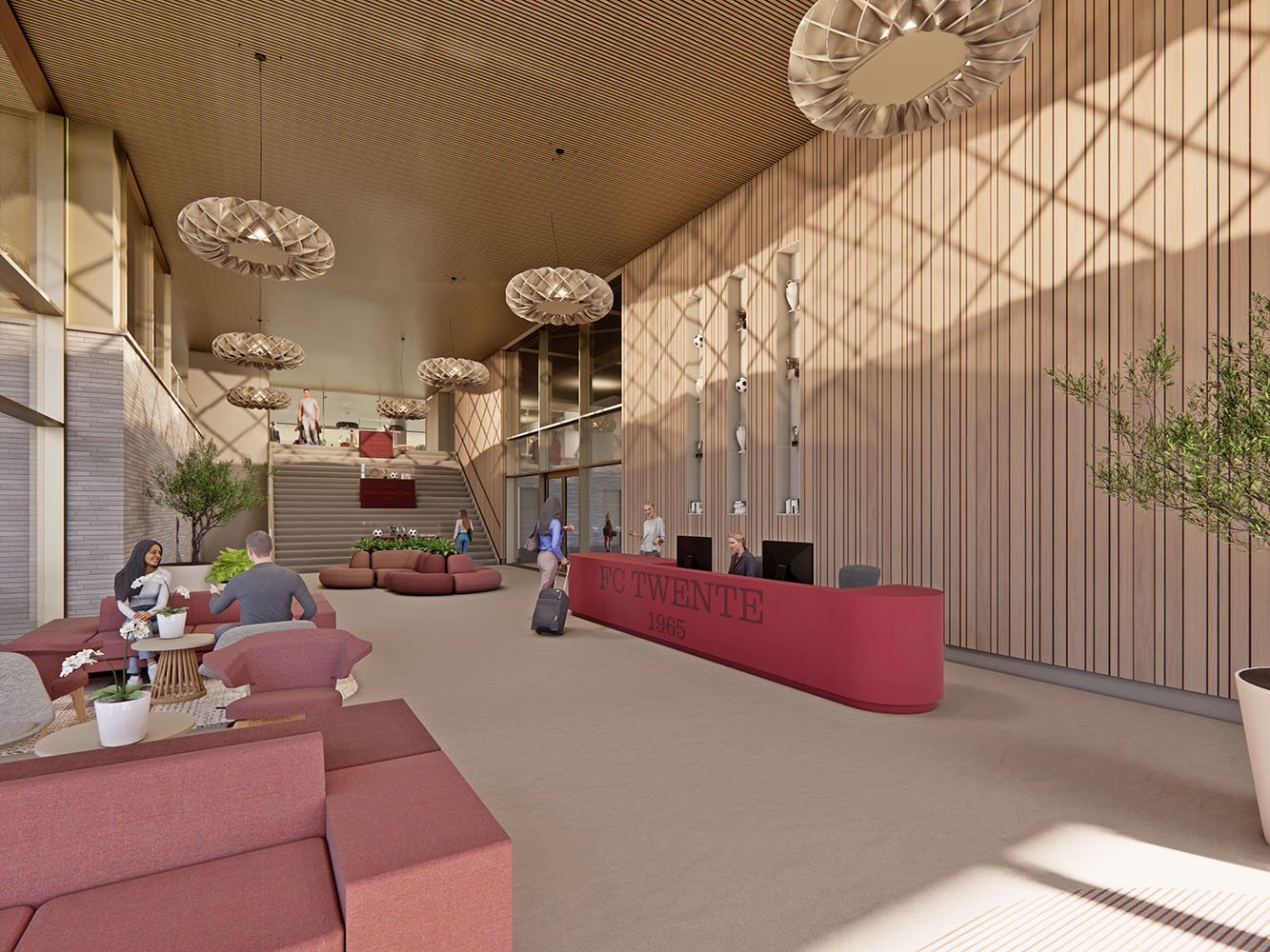 Interieur van de entree van het toekomstige FC Twente Topsport Complex Diekman, met een modern en uitnodigend ontwerp dat sportbeleving, functionaliteit en architectonische kwaliteit samenbrengt in Enschede.