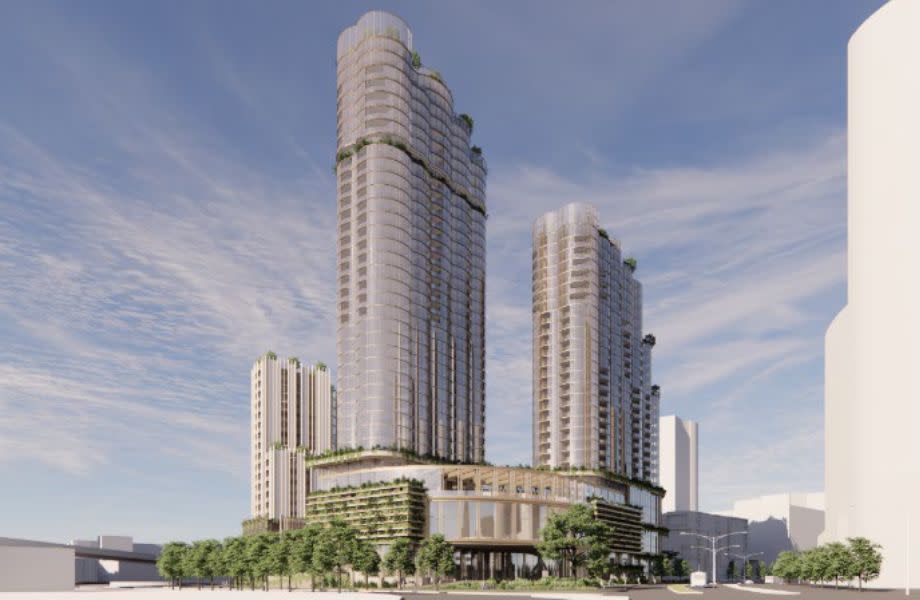 Fraser and Partners's render of Tower 4 and 5 in Gurner Group's Elysium Fields project at Digital Drive in Melbourne's Docklands.