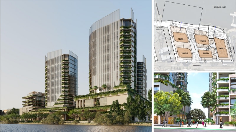 renders of the brisbane river and a new development and piece of river walk as well as an overview of the towers and view of the walkways.