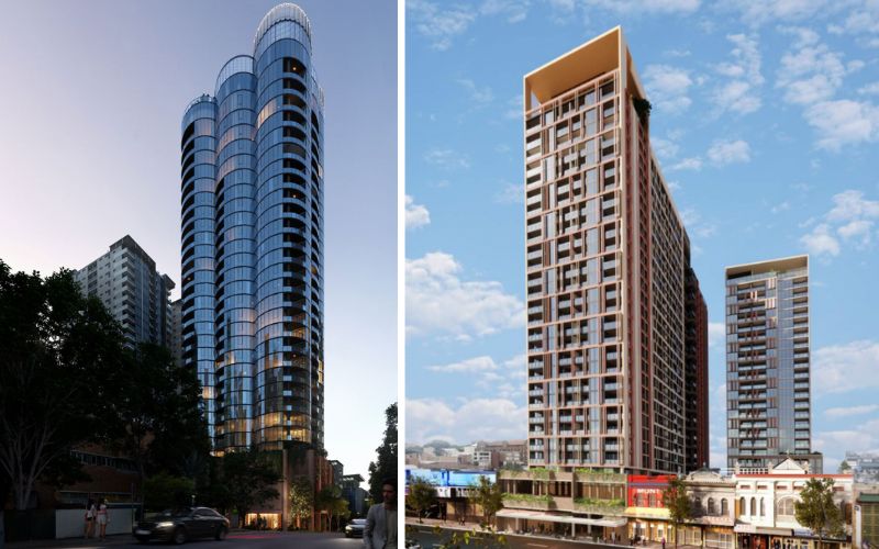 Renders of Aria Property Group's approved tower at 10-12 Cordelia Street, South Brisbane (left) and Vita's revised and greenlit proposal at 186 Wickham Street, Fortitude Valley.   