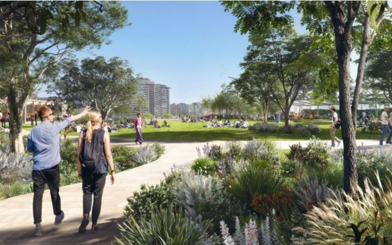 A render of the park at the Cockle Bay Wharf project.