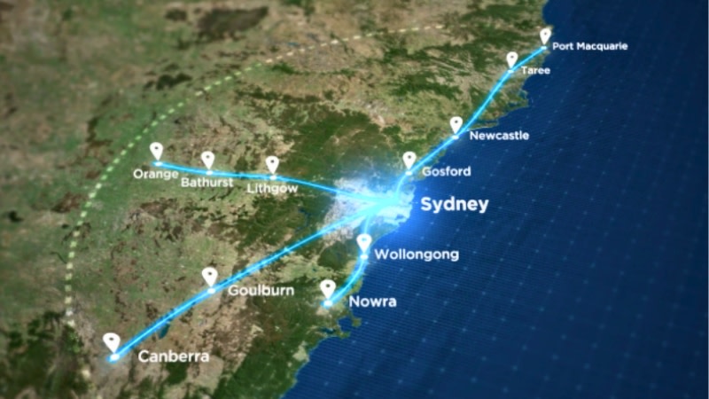 a map of a potential fast rail line from Sydney to Canberra, Orange, Nowra and Port Macquarie 