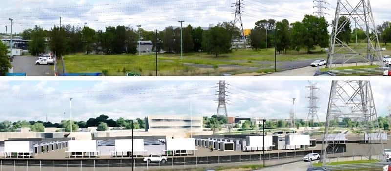 Existing site (top) and indicative view of the Homebush battery system after one year of operation.