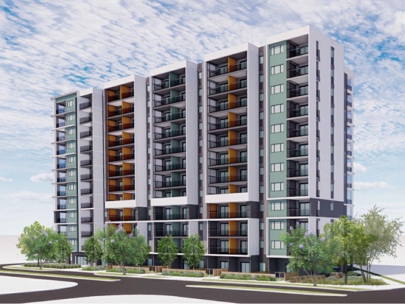 drawing of a 12 storey rectangular apartment building 