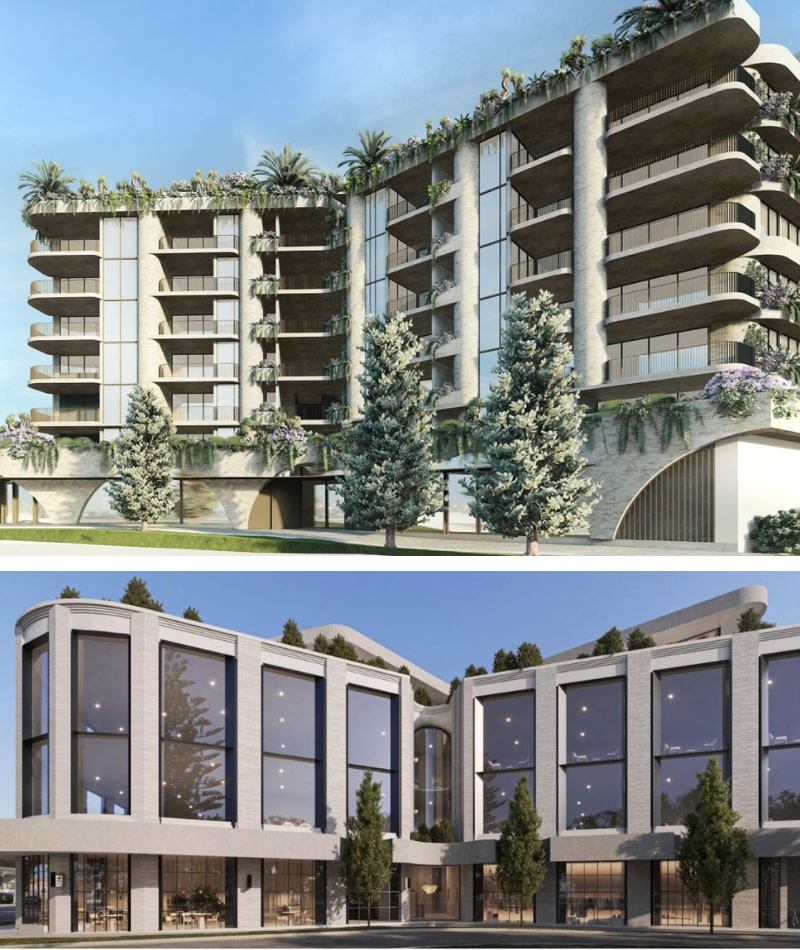 Renderings of the nine-storey residential revised plans (top) and the approved "luxury urban village" commercial scheme.