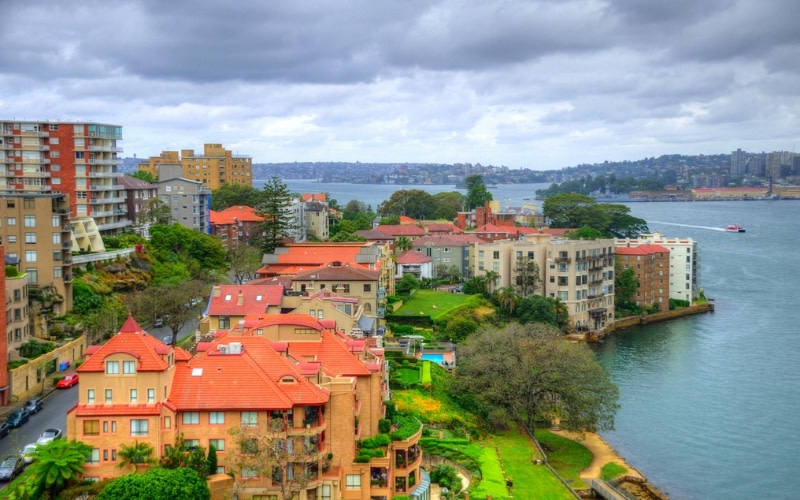 A photograph of residential buildings along the Kirribilli foreshore