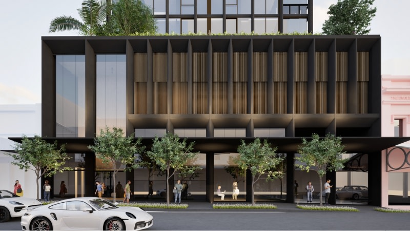 A rendering of the new tower proposal's five-level podium above which 181 apartments would be accommodated across 17 levels.