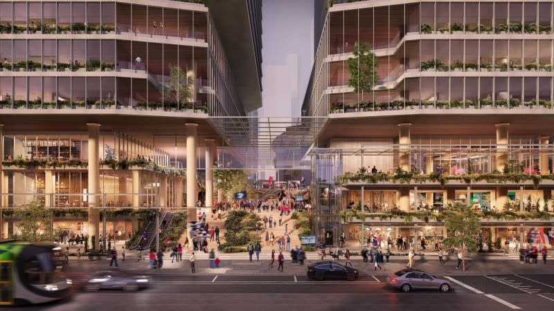 A render of two new towers that could replace the current Channel 7 building and AFL House on Harbour Esplanade in Melbourne's Docklands.