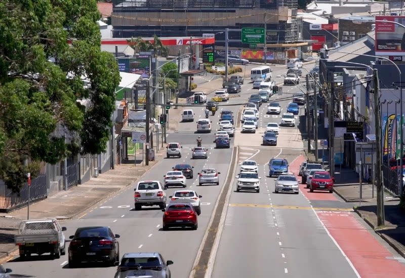 Traffic along Parramatta Road, where precincts such as Leichhardt and Taverners Hill remain in early planning despite past renewal strategies.