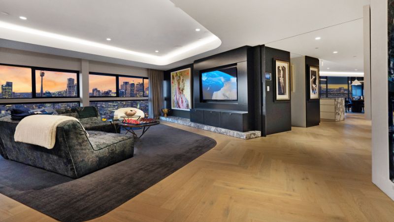 The living room of Francesca Packer-Barham's large single floor apartment with views across Sydney.