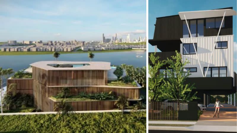 Renders of the approved 10 high-end apartments rising four storeys from St Lucia riverfront at 7 Ryans Road (left) and the proposed four-storey townhouses at 14 Gailey Street.