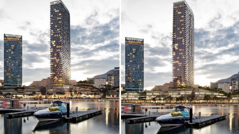 two images of the future Harbourside development in Sydney showing a single tower coming up from a podium with the city in the background. 