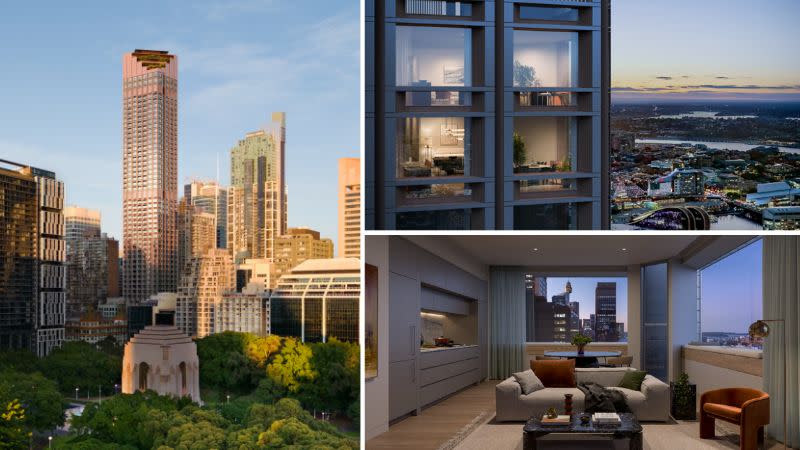 three images, one of a new tower overlooking Hyde Park Sydney, another of the view of the apartments and the final of a typical living room in the building.