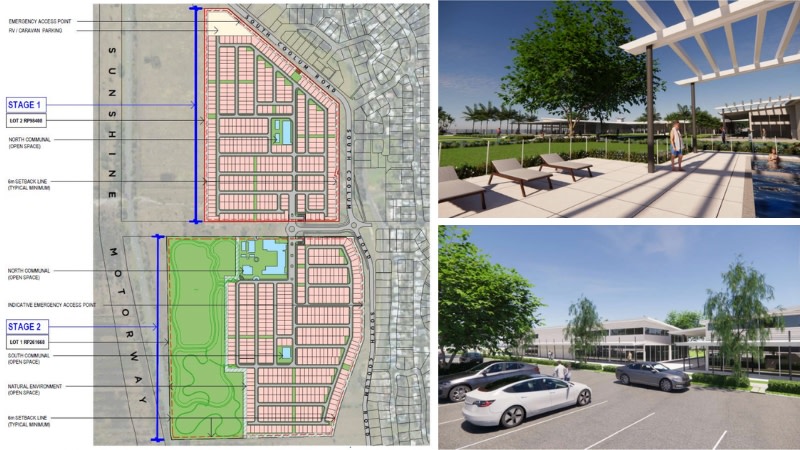 The masterplan for the 832-home land lease community at 150-164 South Coolum Road (left) and renderings of the proposed development.