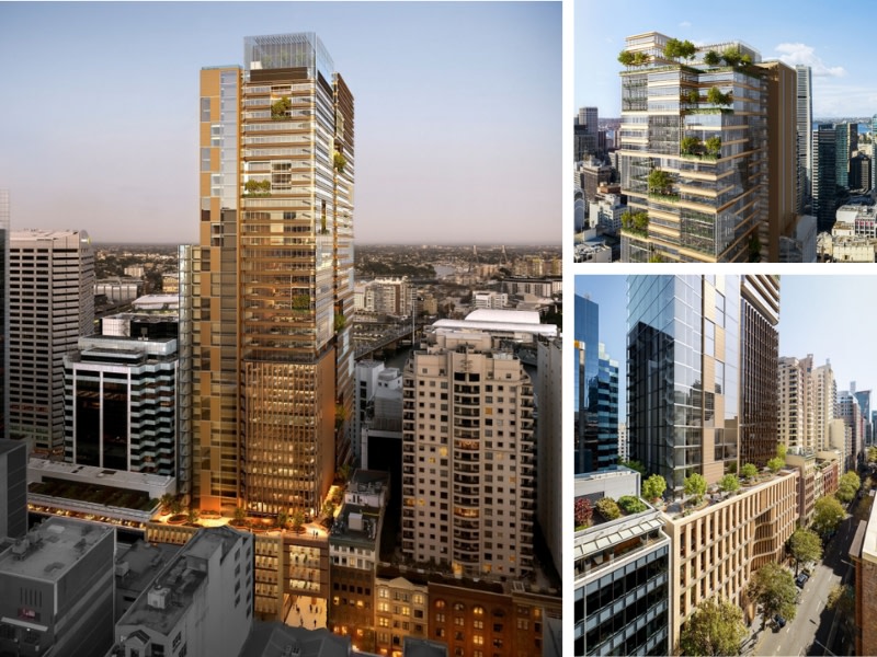 three images depicting a 42 storey green and gold tower at 383 kent street sydney. the first of the entire tower, the second terraced rooftop and third the podium.