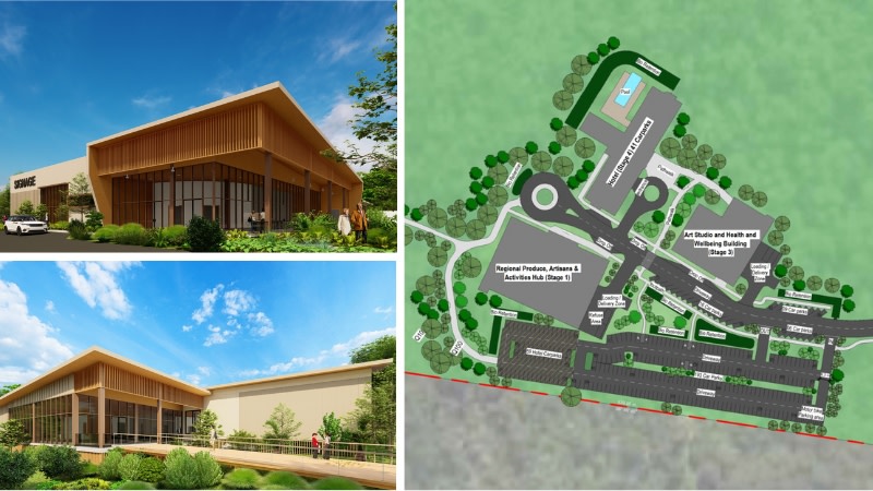 Renderings of the eco-tourism precinct's buildings planned for mass timber construction (left) and the masterplan.