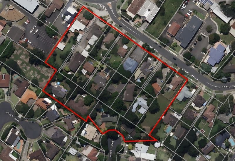 The Castle Hill site spanning 18 allotments across Cecil Avenue and Roger Avenue, outlined in red.