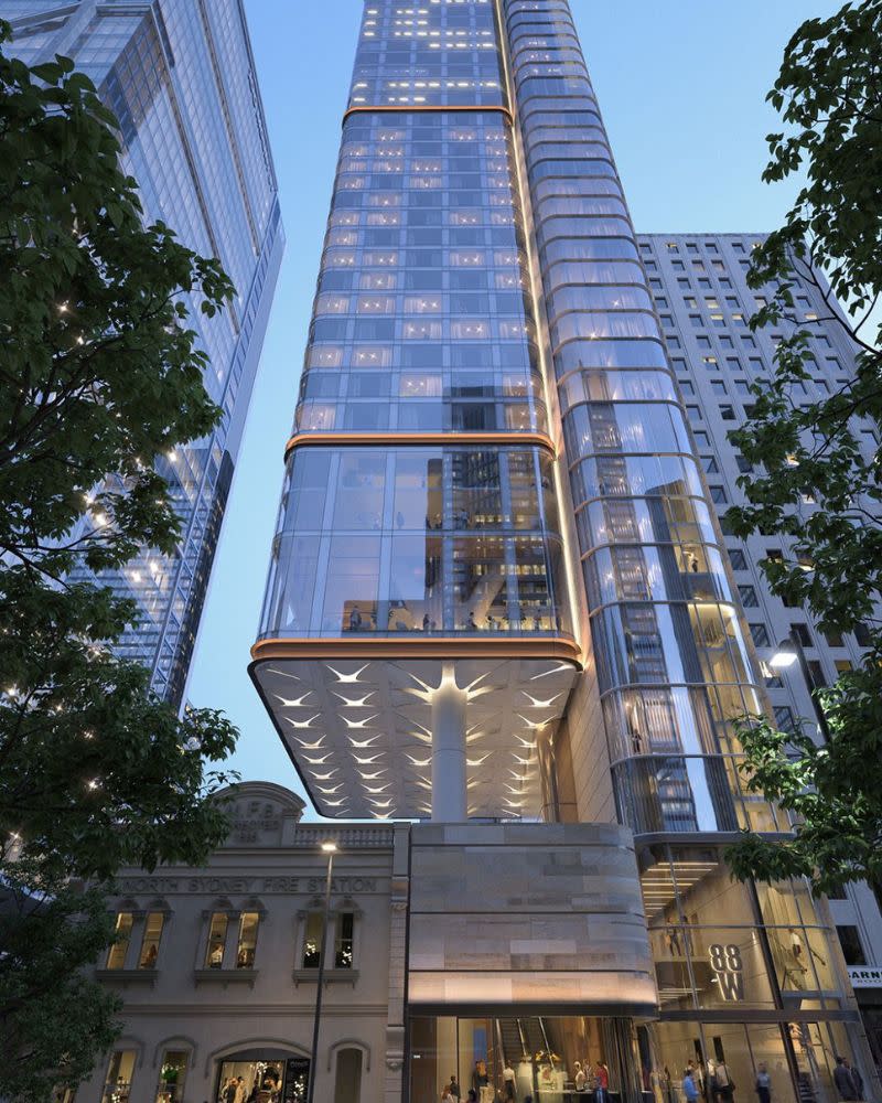 The 50-storey tower sits above the heritage-listed former North Sydney Fire Station, 
built in 1895, and now a pub.
