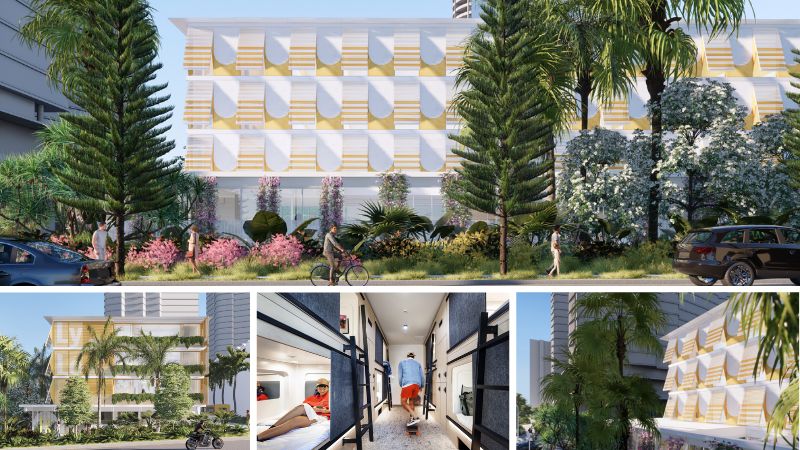 Renders of the proposed Lylo Surfers Paradise 'beach shack' hotel and, bottom centre, an example of the brand's sleeping pods. 