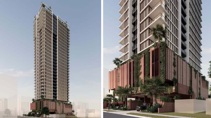 Renderings of the 32-storey tower approved for the site at 18-22 Norman Street, Southport.