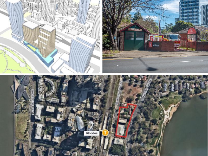 The Ecove group proposed concept envelope by Bates Smart, the Rhodes Fire Station, an aerial of the site by Nearmap and the hero image was of the site from the Rhodes Place Strategy.