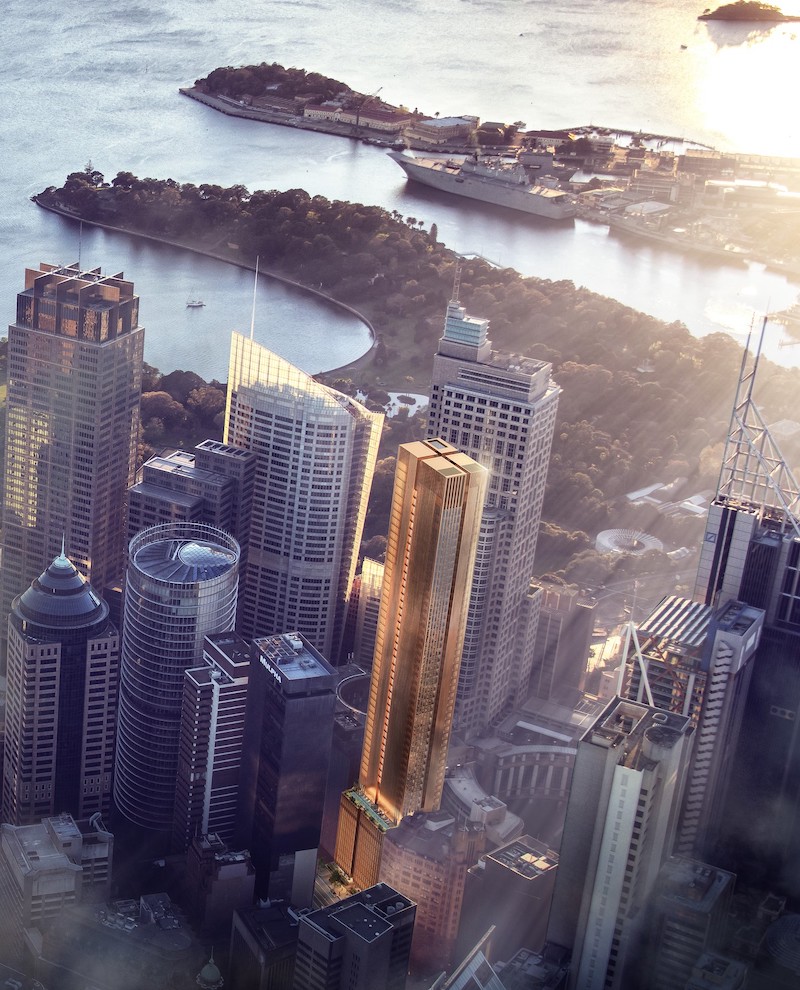 A render of an aerial view of the proposed 59-storey tower on Bligh Street in Sydney's CBD.