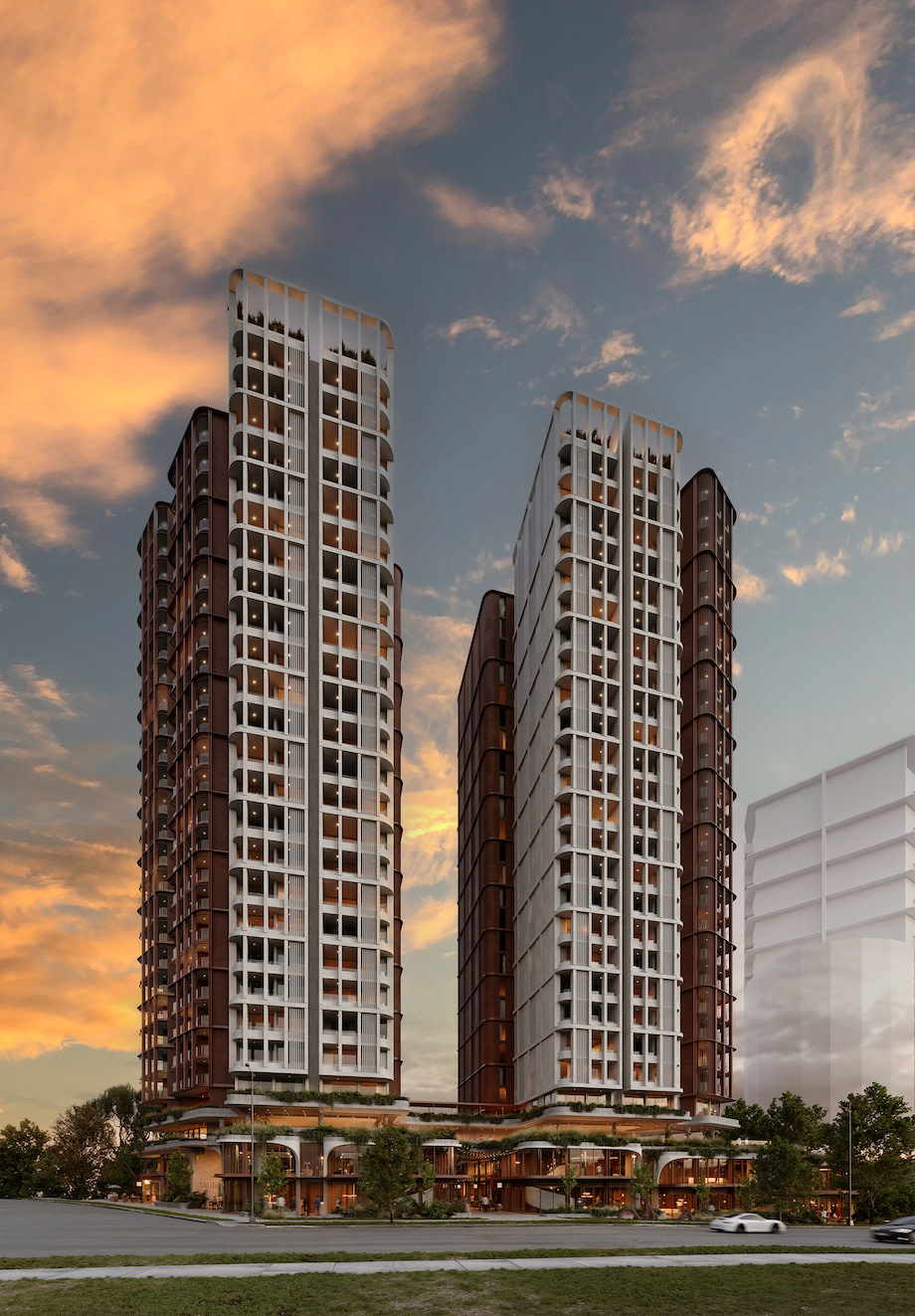 two 27 storey towers to be built in Chatswood by Billbergia with retail on the ground floor, small office home office space in the podium and apartments on top.