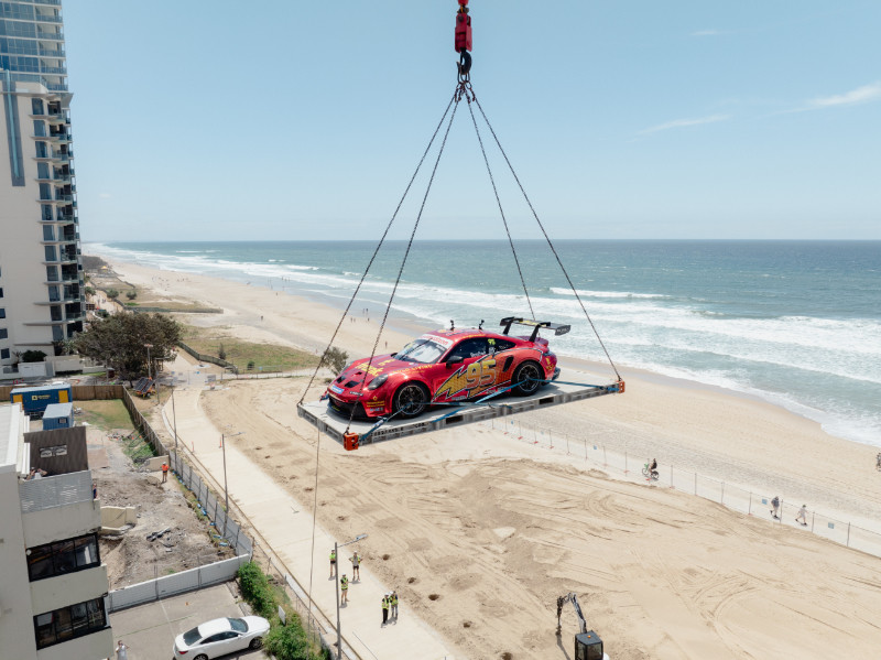 Brett Boulton’s Cup Car McQueen hovers above MIRA’s beachfront site, symbolising Frank Developments’ vision to elevate coastal living and the spirit of the GC500.