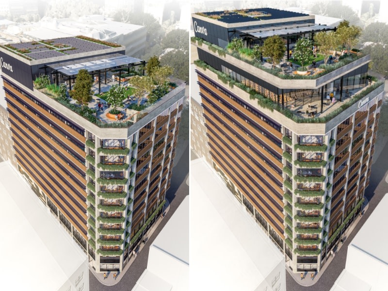 two images side by side showing an extra level added to an adaptive reuse project