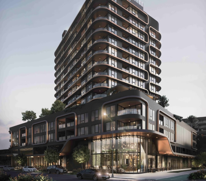 render of a dark coloured apartment tower with ground floor retail.