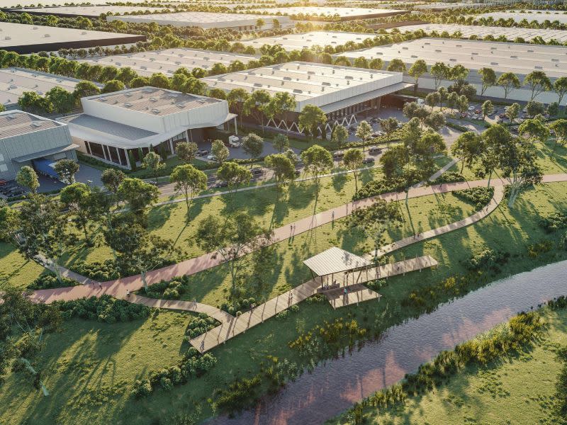 Render showing unnamed creek and saltmarsh conservation zone 100m either side of the creek, with business park warehouses and facilities beyond that.