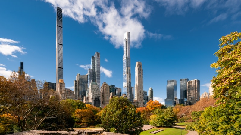 A view from Central Park New York towards the buildings on its perimeter including Central Park Tower.