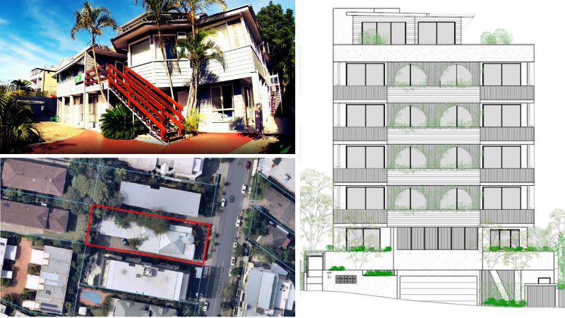 The existing Indooroopilly Lodge and Motel, the Riverview Terrace site (marked in red) and the proposed seven-storey residential development.