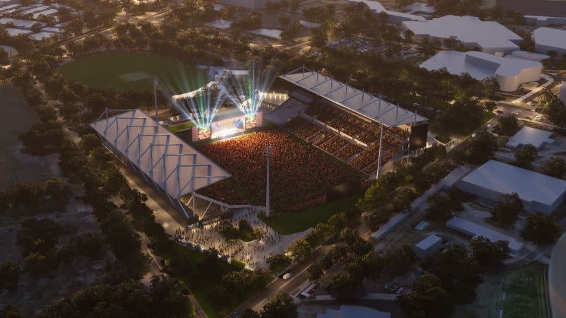 Plans for Penrith Stadium show the area at night with a stage at one end of the field and people watching the show.