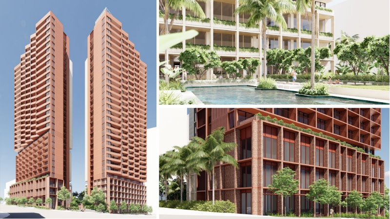 render of a red brick and tin, pair of build to rent towers in fortitude valley, one image shows the buildings in their entirety, the other is of a pool and the other side of the building close up.