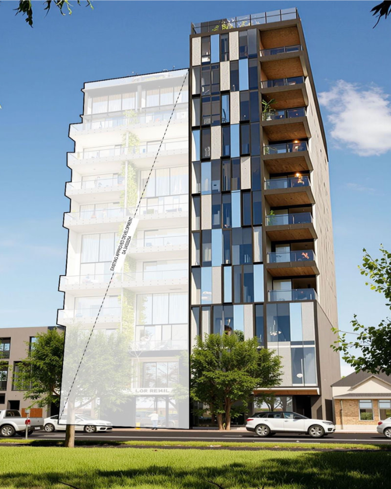 A rendering of the form of Ormond Nominees' approved proposal beside its new proposal.