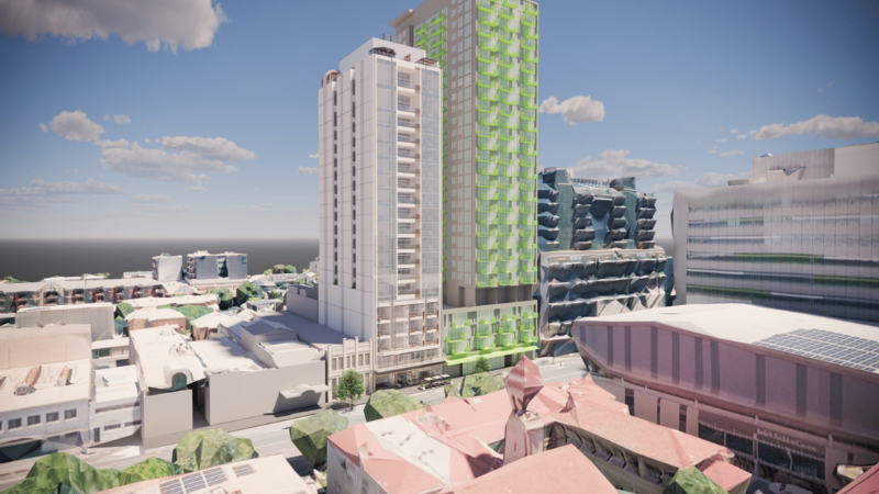 A rendering of Sallis's New Dawn tower, left, with the already-built Kodo tower, right.