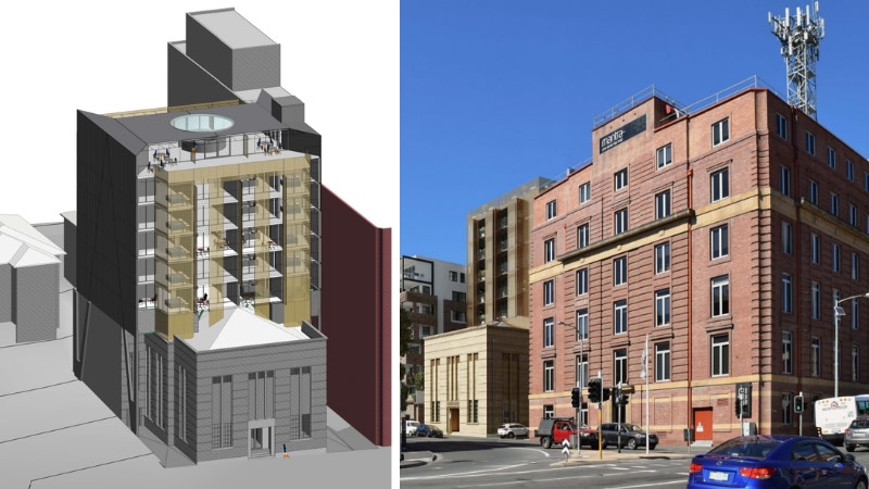 two images of a new 7 storey hotel behind the masonic temple in hobart, one showing the rooftop bar and the other tucked in behind a brick building. 